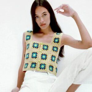 Zara Crochet Granny Square Vest Knit Top Sleeveless Boho Style -S